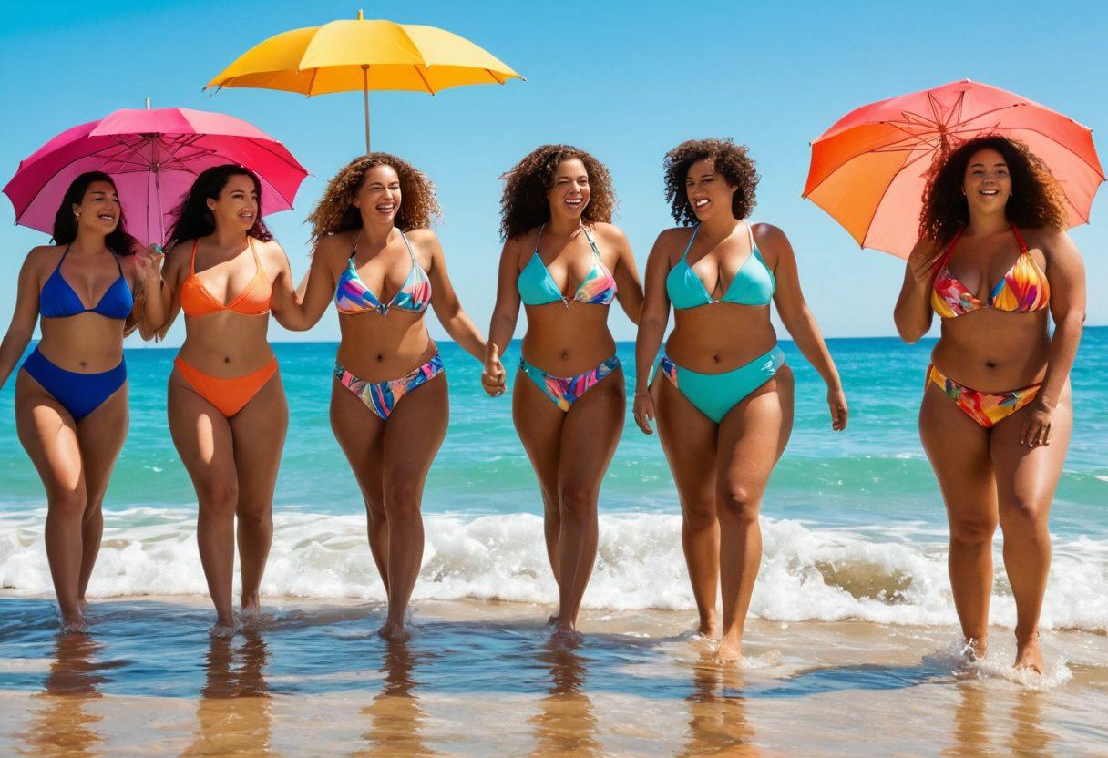 A confident and diverse group of individuals of all body types enjoying a sunny beach, showcasing the latest swimwear trends. Vibrant beach umbrellas and sparkling ocean waves create a joyful atmosphere. Each person radiates body confidence, wearing stylish and colorful swimwear that reflects the current season's trends. The scene is lively, with people laughing, splashing water, and enjoying their time under the sun. Capture this moment in vibrant colors. super-realistic. bright and cheerful.