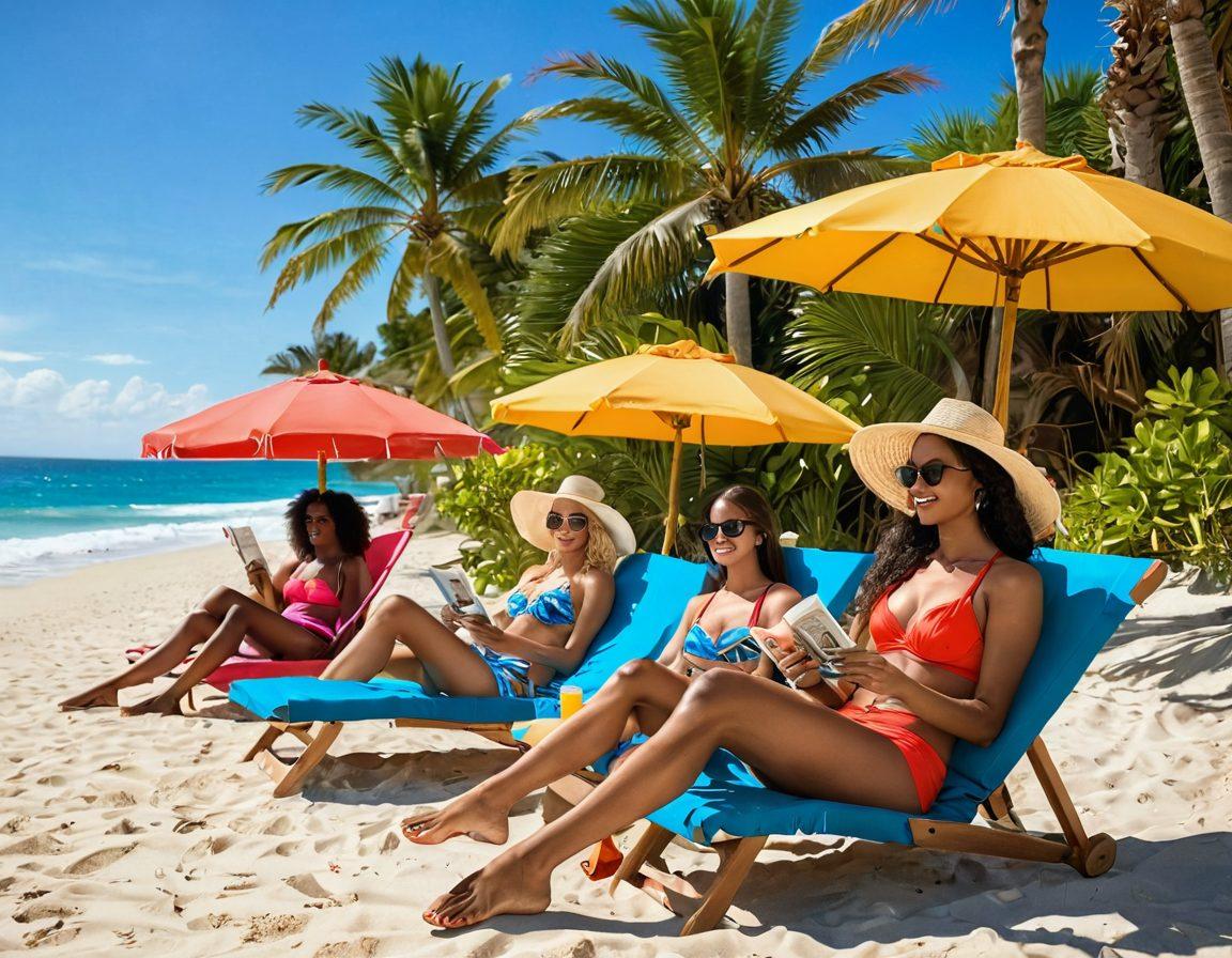 A vibrant beach scene filled with diverse women showcasing the latest bikini trends, colorful beach umbrellas, and clear blue waters in the background. Include tropical palm trees swaying in the gentle breeze, a sunny sky, and playful waves lapping at the shore. A stylish beach ball and a sun lounger with a magazine featuring bikini styles should enhance the lively atmosphere. vibrant colors. tropical theme. super-realistic.